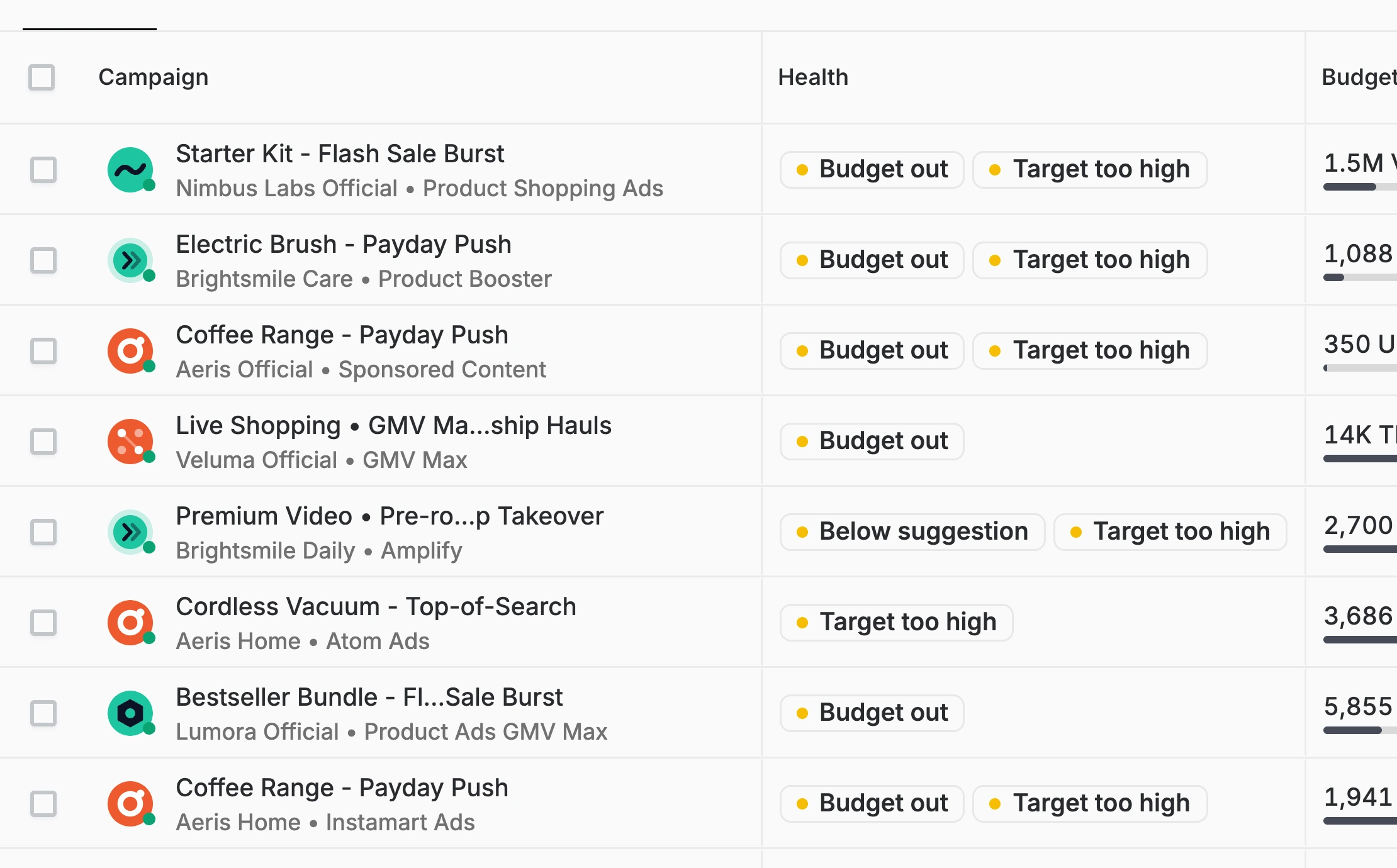 The Campaigns table: every campaign with its health flags such as Budget out, Target too high and Below suggestion