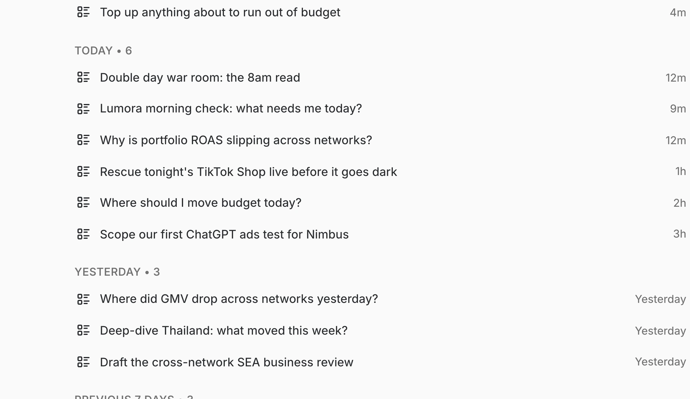 The shared task list: today's and earlier asks the team works from