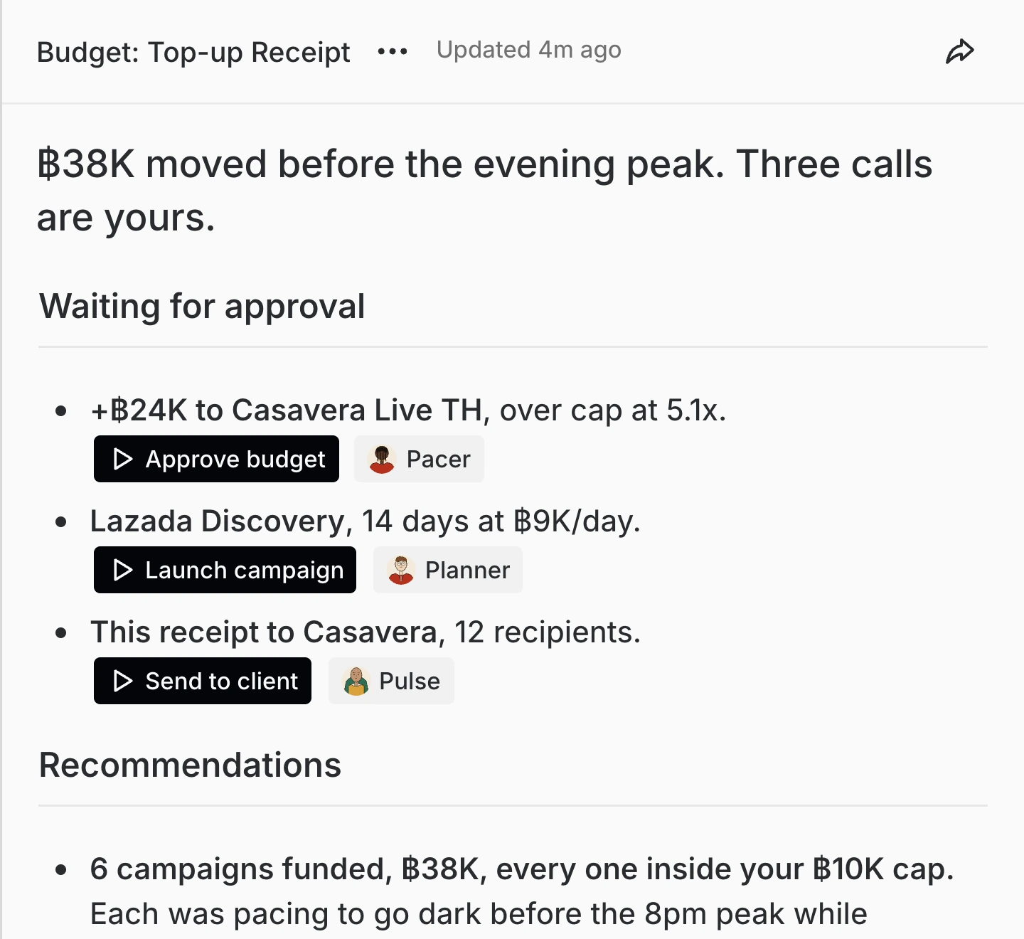 The top-up receipt: calls waiting for approval, each with its agent and an approve action