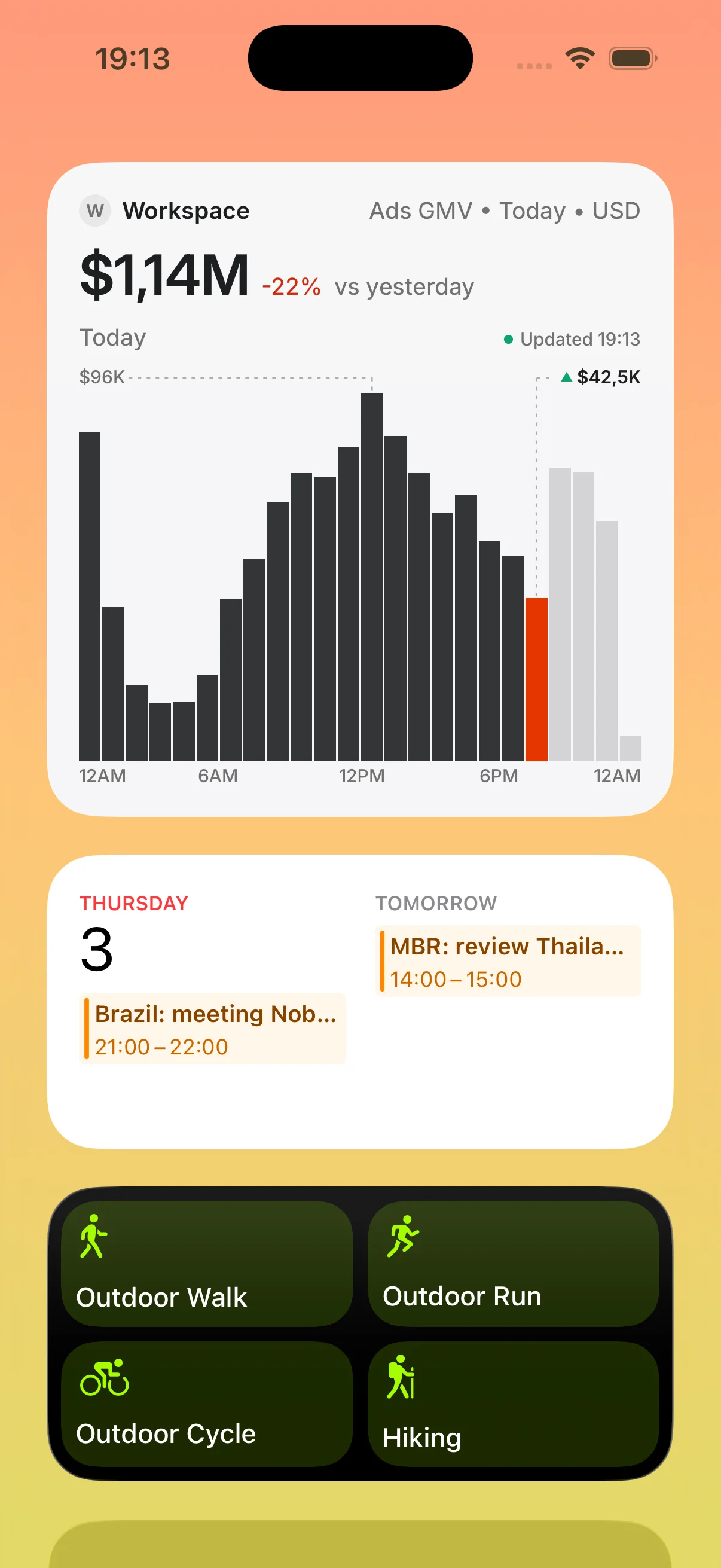 An iPhone home screen with the Epsilo widget showing today's ads GMV hour by hour against target, beside a calendar and a fitness widget