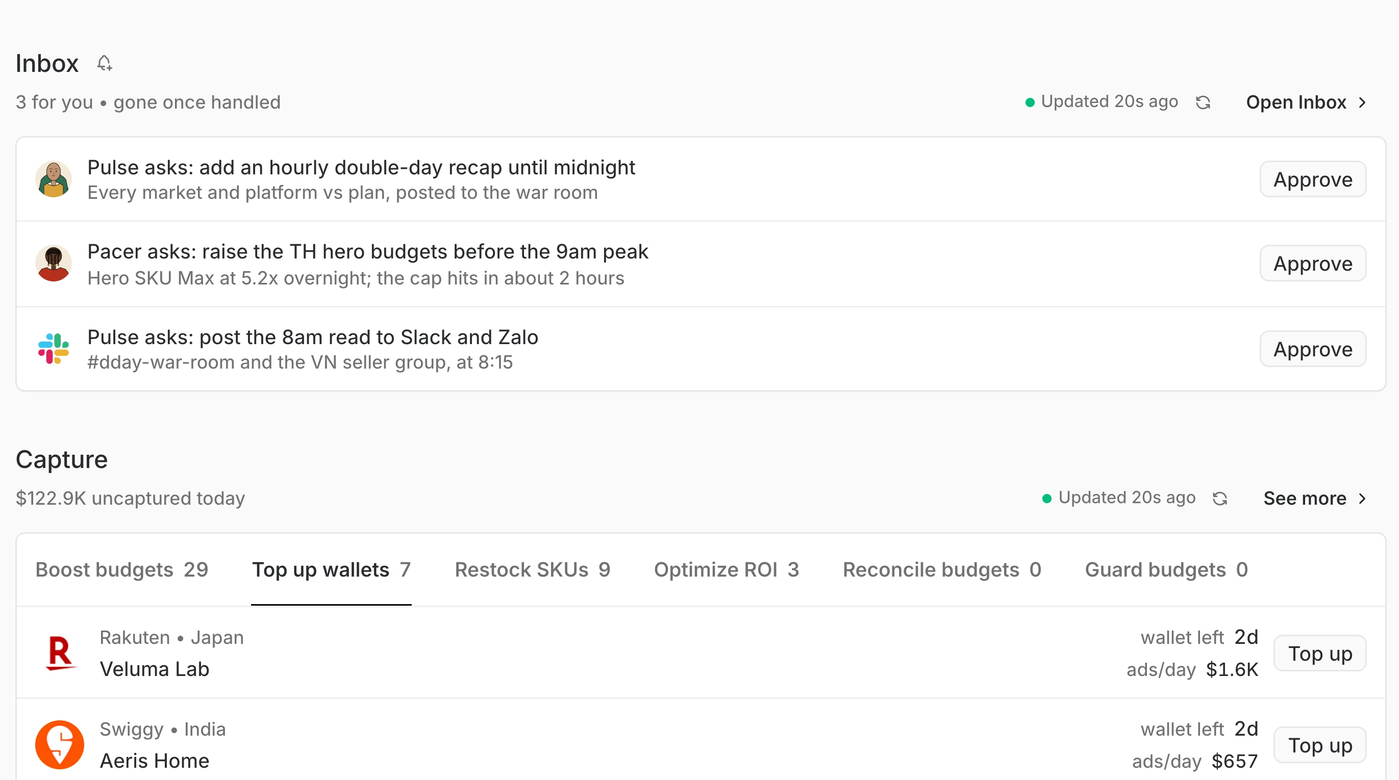 Home: the Inbox with agent asks, each with an Approve, above the Capture band