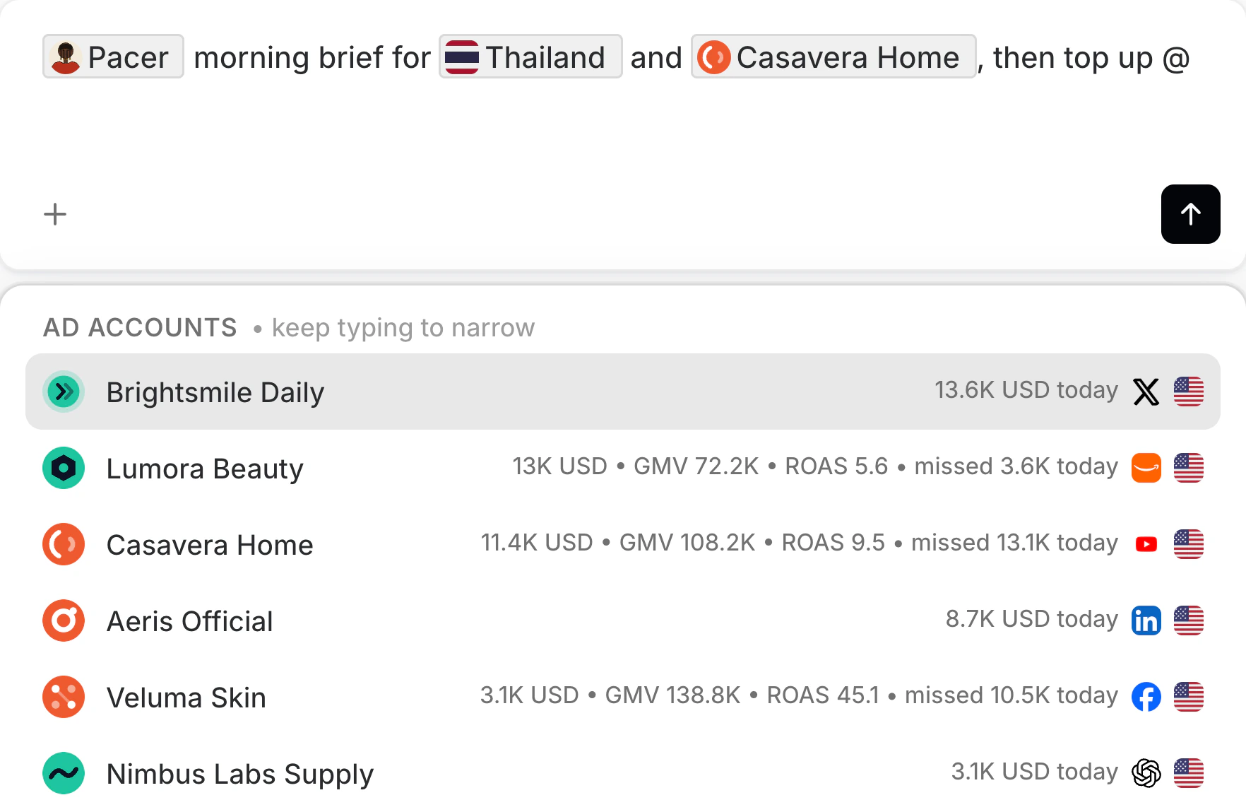The console composer holding a question built from contextual pills, the agent Pacer, the market Thailand and the ad account Casavera Home, with a new @ typed and its list open on the ad accounts