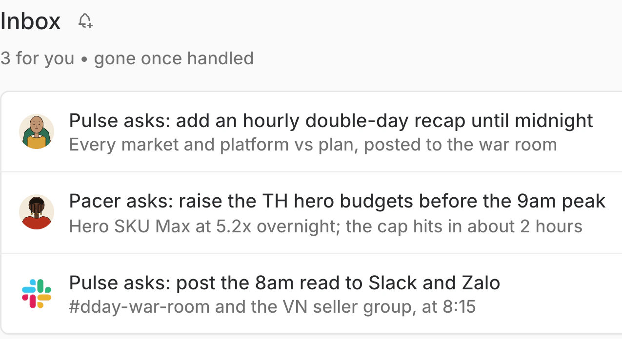 The Home Inbox: agent asks to post the read to Slack and Zalo, each with an Approve